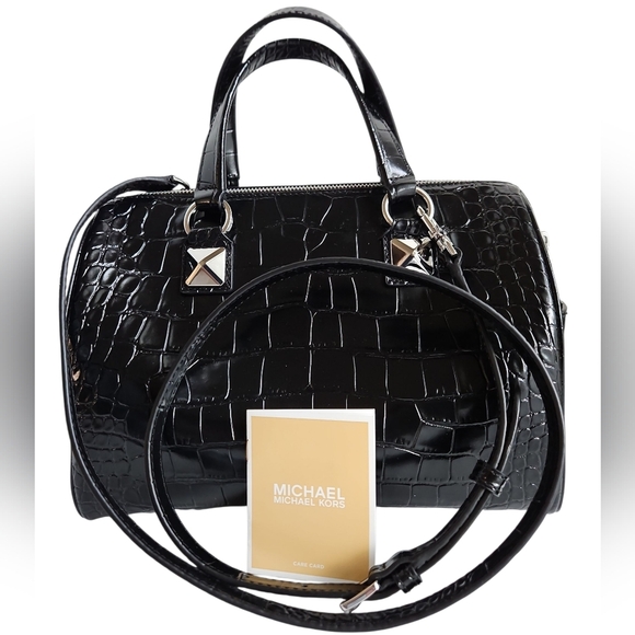 Michael Kors Grayson Crocodile Embossed Leather Satchel Black NWT - Picture 2 of 11
